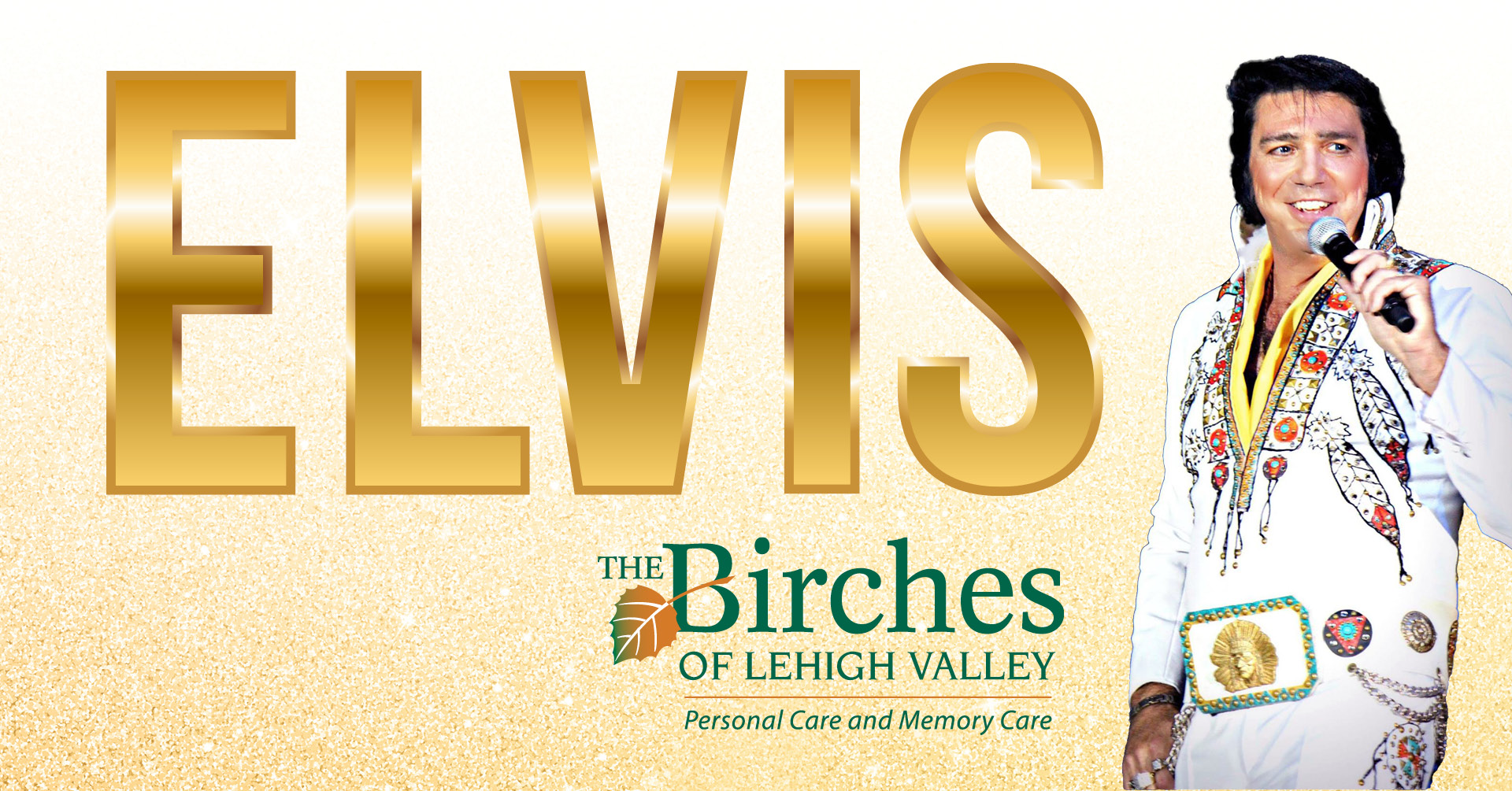Performer in white jumpsuit beside gold Elvis text
